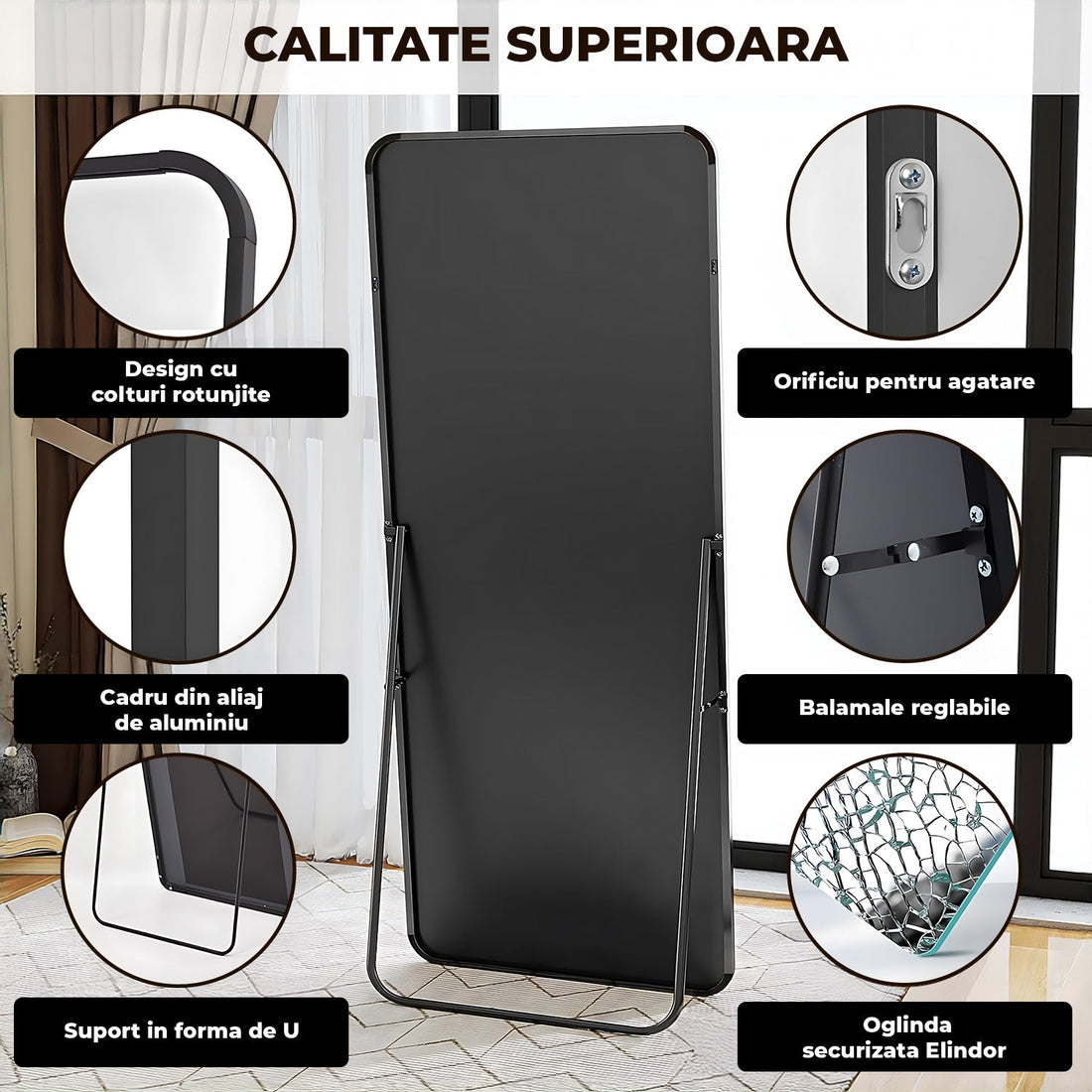 Oglinda Neagra Dreptunghiulara Decorativa Elindor® cu Rama din Aluminiu, 165x60 cm, cu Suport de Podea sau Sistem Prindere pe Perete, Ideala pentru Dormitor, Living sau Hol