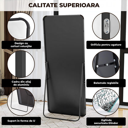 Oglinda Neagra Dreptunghiulara Decorativa Elindor® cu Rama din Aluminiu, 165x60 cm, cu Suport de Podea sau Sistem Prindere pe Perete, Ideala pentru Dormitor, Living sau Hol