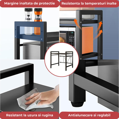 Raft Elindor® din Otel Carbon, Extensibil pentru Bucatarie, Organizator Metalic Reglabil, Ideal ca Etajera Depozitare Deasupra Cuptorului cu Microunde in Camara sau Birou, Perfect pentru Condimente, Vesela, Farfurii, Stabil si Compact, Polita pentru Obiec