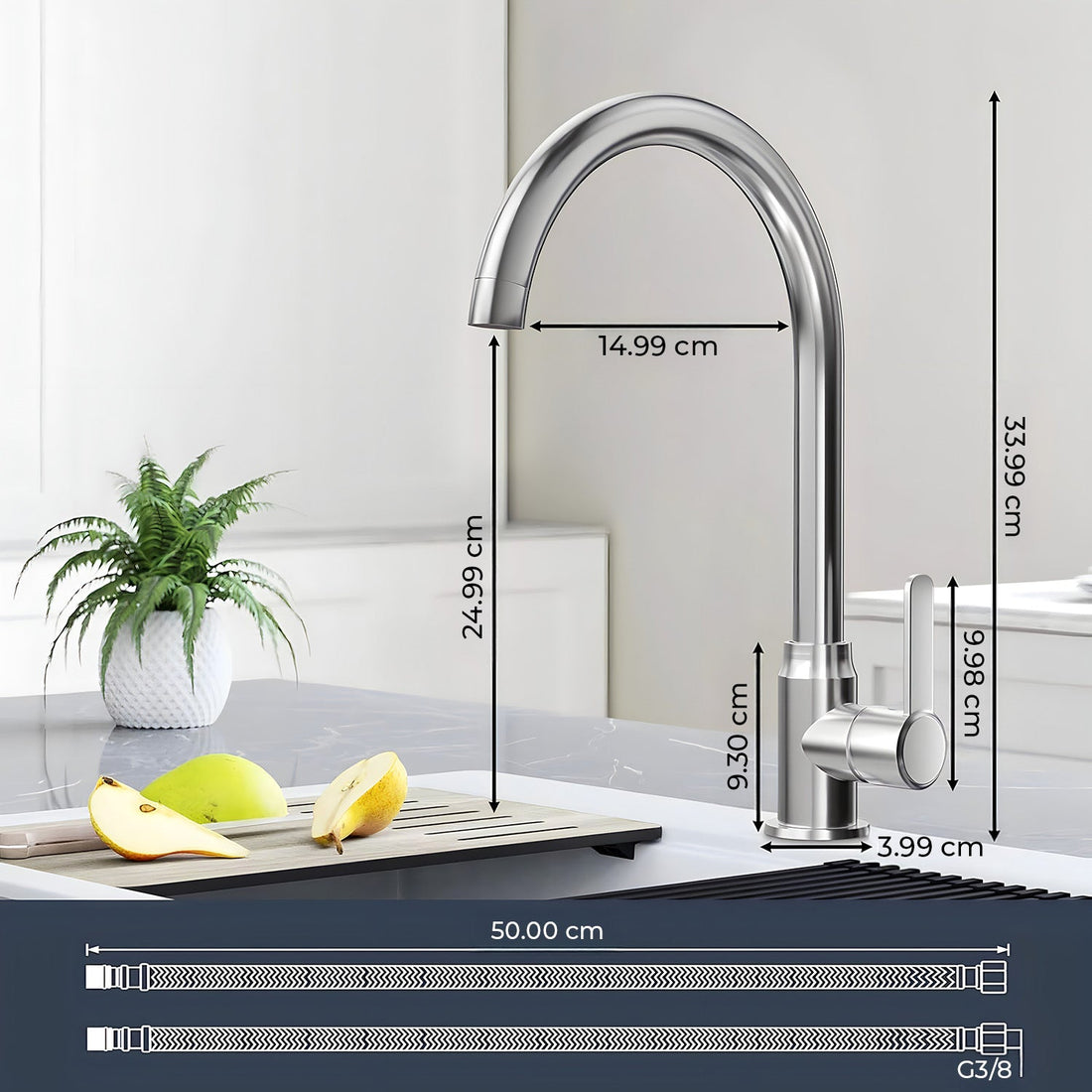 Baterie Chiuveta Bucatarie Argintie Elindor®, Robinet de Apa Modern, cu Pipa Inalta, Jet Reglabil si Aerisit, Monocomanda, Rotativ 360°, Otel Inoxidabil, Finisaj Lucios