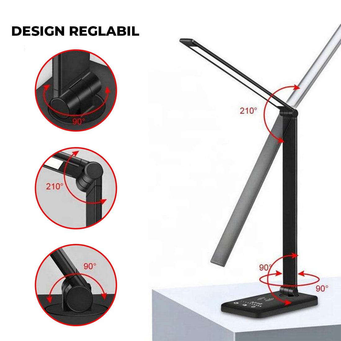 Lampa de Birou Elindor® Neagra cu LED, Pliabila, Incarcare USB si Incare Wireless Telefon, 5 Moduri Lumina Camera Rece/Cald si 5 Intensitati, Veioza Control prin Atingere, Potrivita si pentru Noptiera in Dormitor, Oprire Automata, 39 x 3 x 10,8 cm