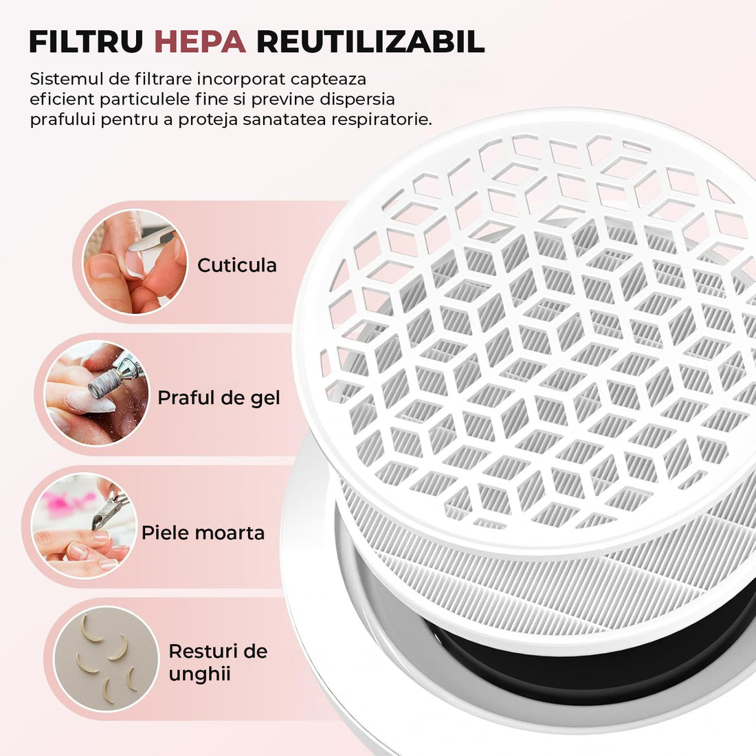 Aspirator Praf Unghii Elindor®, Colector Profesional Manichiura si Pedichiura, 8000 RPM, Aparat cu Ventilator Puternic si Filtru, 10x Viteza Reglabila, Design Compact si Portabil, 25.5x21x7 cm, Ideal pentru Salon sau Acasa, Alb