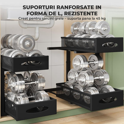 Organizator cu Sertare Glisante Elindor® pe 2 Nivele pentru Dulap, sub Chiuveta, Raft cu Sertar pentru Camara, Organizare Bucatarie, Baie si Birou, Sistem Glisant si Antialunecare, Accesorii Depozitare, Multifunctional, Organizatoare pentru Casa, Negru