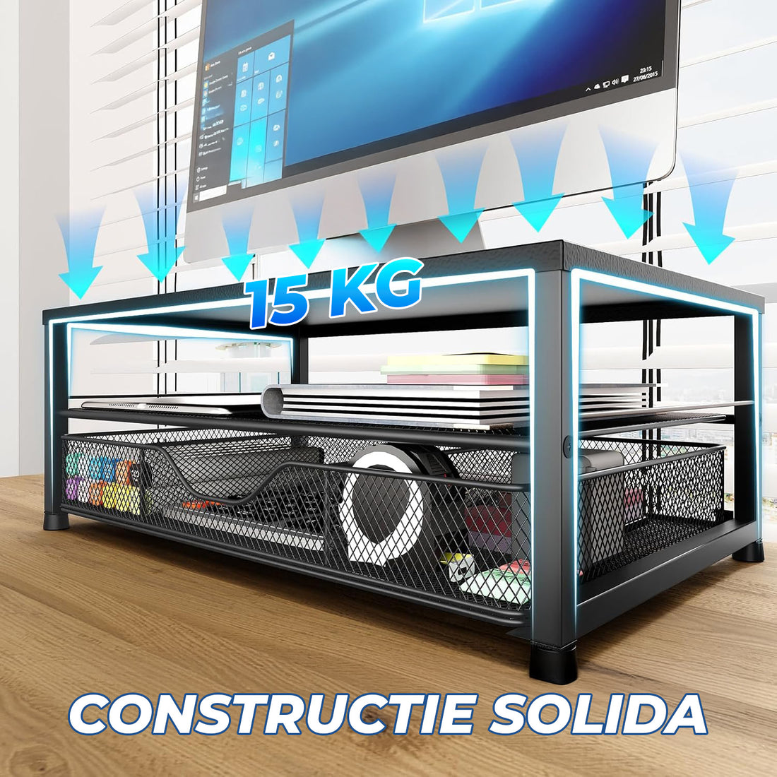 Suport Birou Elindor® pentru Monitor sau Laptop, Organizator Universal, Multifunctional, Antiderapant, Spatiu Lateral Pixuri, Sertar Glisant, pentru Masa, Ideala la Munca sau Acasa, 40 x 24 x 16 cm, Negru