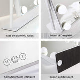 Oglinda Machiaj Elindor® cu 9 Lumini LED, Culori Reglabile, Touch Control,  Baza Solida, Rotatie 360° , pentru Dormitor sau Salon, Alb