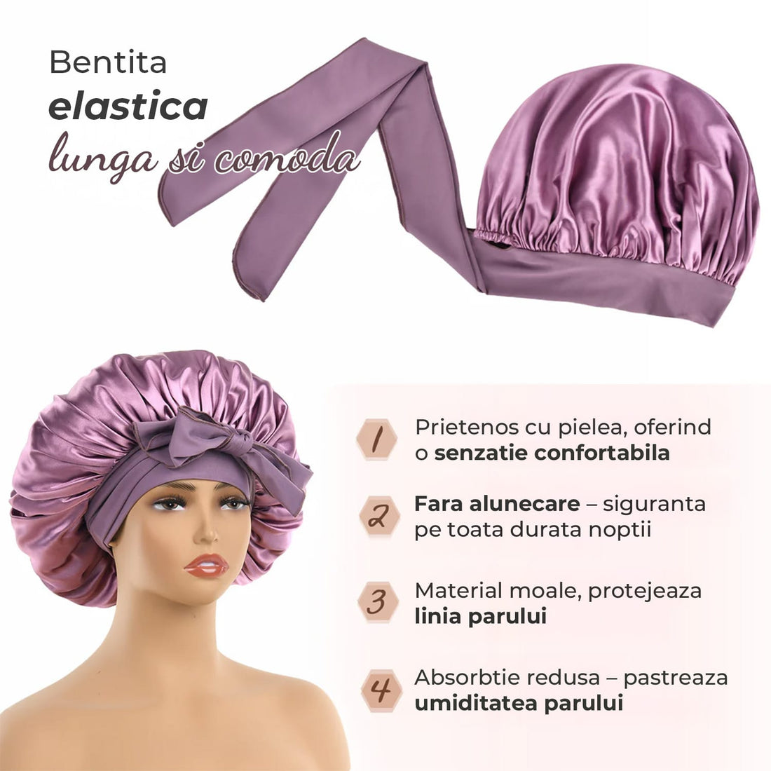 Boneta Satin Dubla Elindor® Pentru Protectia Parului, Banda Reglabila, Mov