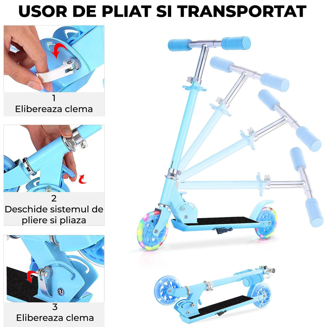 Trotinetă Elindor® Pliabilă cu Ghidon Ajustabil, Roți LED, Albastru