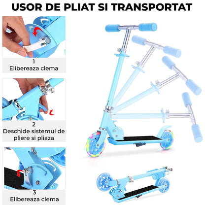 Trotinetă Elindor® Pliabilă cu Ghidon Ajustabil, Roți LED, Albastru