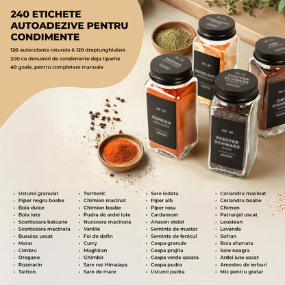 Set 24 Recipiente Condimente Elindor® din Sticla cu Capac Metalic Negru, cu Sita, Organizator Bucatarie, Organizatoare Sertar, Borcane 120 ml, 2 Tipuri de Etichete, Palnie Metalica, Transparent