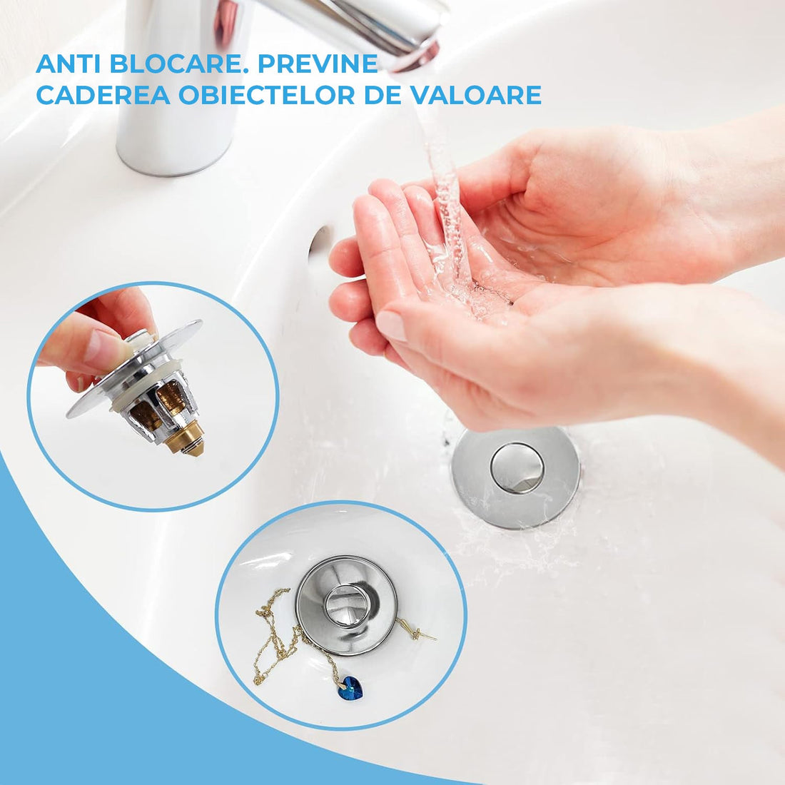 Dop Universal pentru Chiuveta Elindor, Dop de Scurgere Tip Pop-Up pentru Guri de Scurgere, Universal, cu Filtru pentru Par Anti-Infundare, Sita de Scurgere pentru Chiuveta de Baie sau Bucatarie, Argintiu