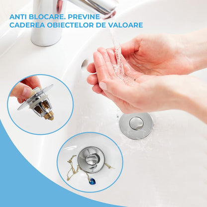 Dop Universal pentru Chiuveta Elindor, Dop de Scurgere Tip Pop-Up pentru Guri de Scurgere, Universal, cu Filtru pentru Par Anti-Infundare, Sita de Scurgere pentru Chiuveta de Baie sau Bucatarie, Argintiu