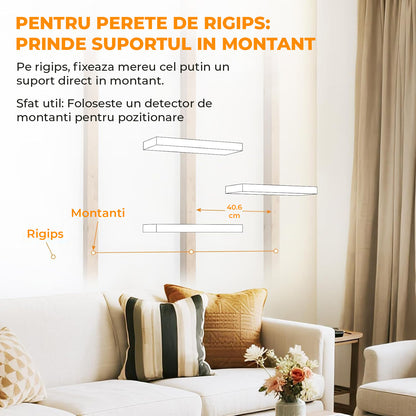 Set 3 Rafturi Elindor® Negre, Raft Suspendat de Depozitare, Mobila Bucatarie, Dormitor, Baie sau Birou, Etajera Practica cu Design Aerisit, Usor de Asamblat, Perfecta pentru Organizare Carti, Vesela, Condimente, Polita Produse Diverse, 40 x 17 x 1.5 cm