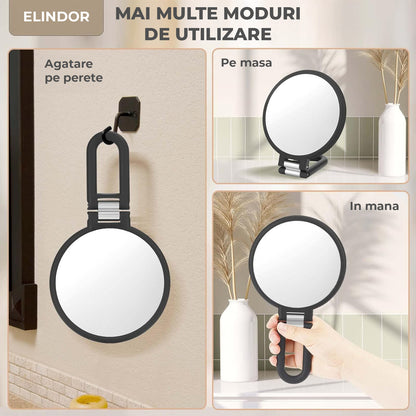 Oglinda Cosmetica Pliabila Elindor® Rotire 360°, Efect de Marire Lupa 15x, Oglinzi Cosmetice pentru Coafor, Frizerie, Barbierit, Pensat, Vopsit, Tuns, Machiaj, ABS Durabil, 3 Functii de Utilizare Agatare, in Mana sau pe Masa, 24.4x14 cm, Negru