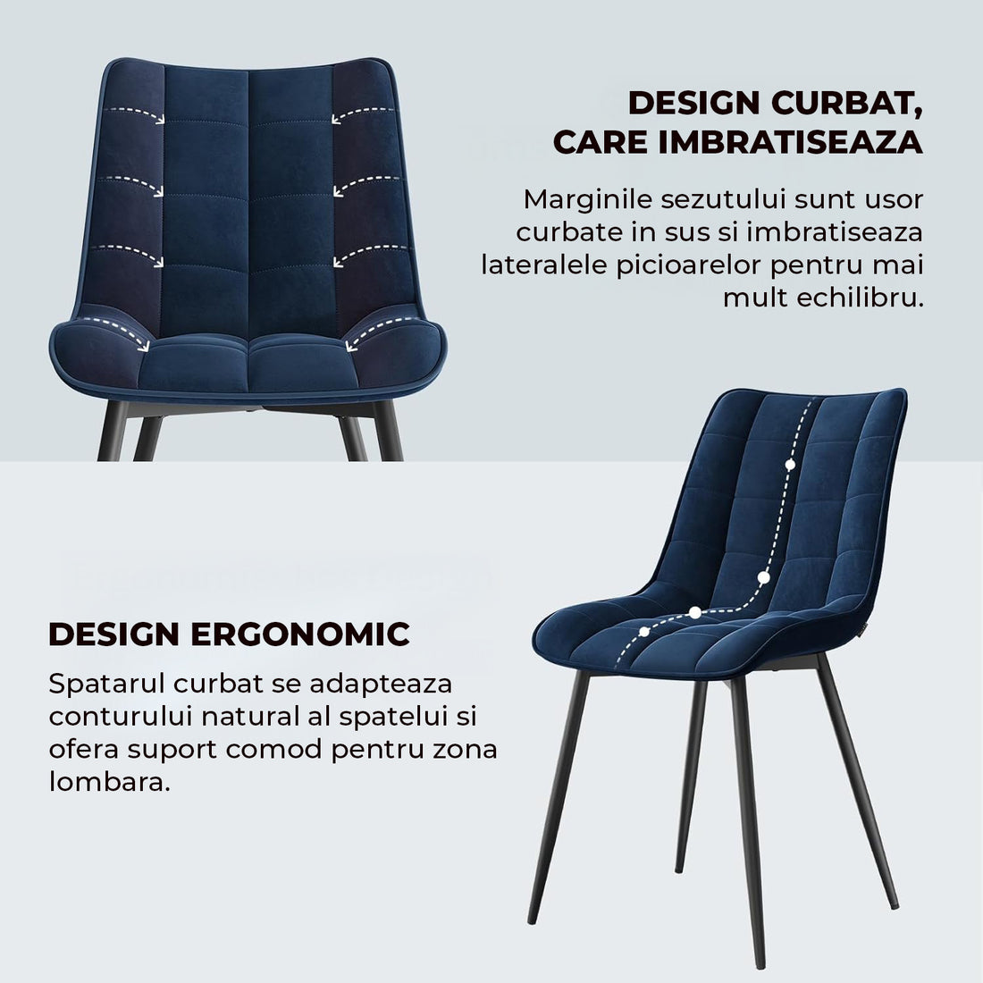 Set 2 Scaune Elindor® Ergonomice, Design Contemporan, Scaun cu Spatar si fara Manere, din Catifea cu Picioare Metalice Negre, Potrivite pentru Living, Bucatarie, Birou, Dormitor, Latime Sezut 46 cm, 85.5 x 45 x 42 cm, Albastru Marin