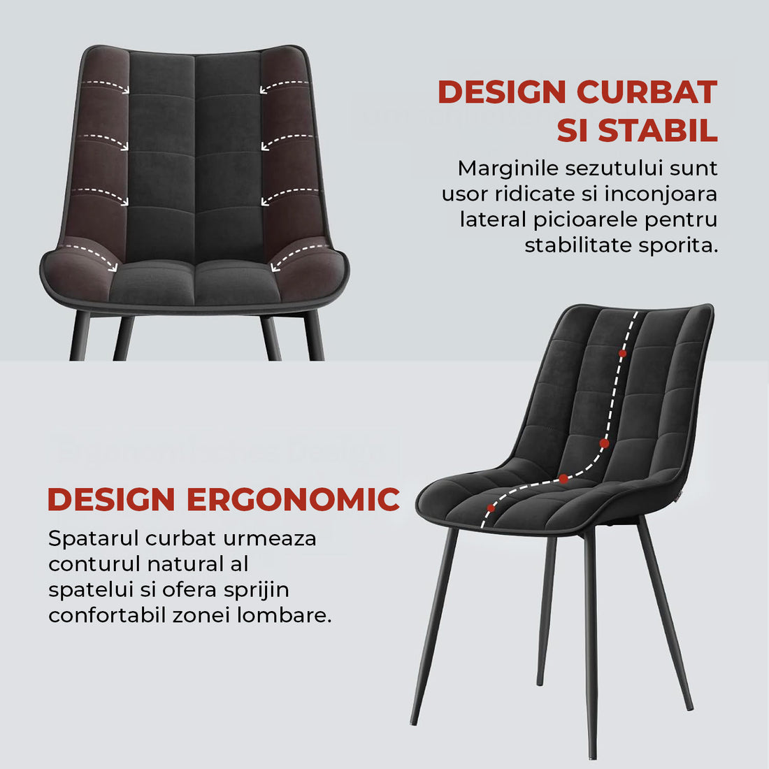Set 2 Scaune Elindor® Ergonomice, Design Contemporan, Scaun cu Spatar si fara Manere, din Catifea cu Picioare Metalice Negre, Potrivite pentru Living, Bucatarie, Birou, Dormitor, Latime Sezut 46 cm, 85.5 x 45 x 42 cm, Negru