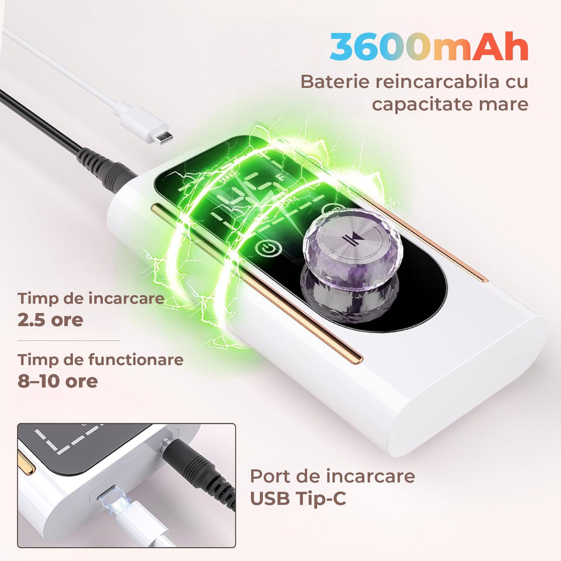 Freza Portabila Unghii Elindor® 45000 RPM, Pila Electrica Profesionala, Manichiura si Pedichiura, Cu Fir, Lampa LED, Ecran LCD, Accesorii Incluse, Capete Diverse, Slefuire Cuticule, Alb