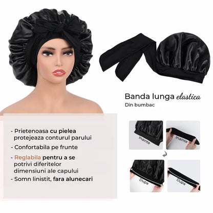 Boneta Satin Dubla Elindor® Pentru Protectia Parului, Banda Reglabila, Negru