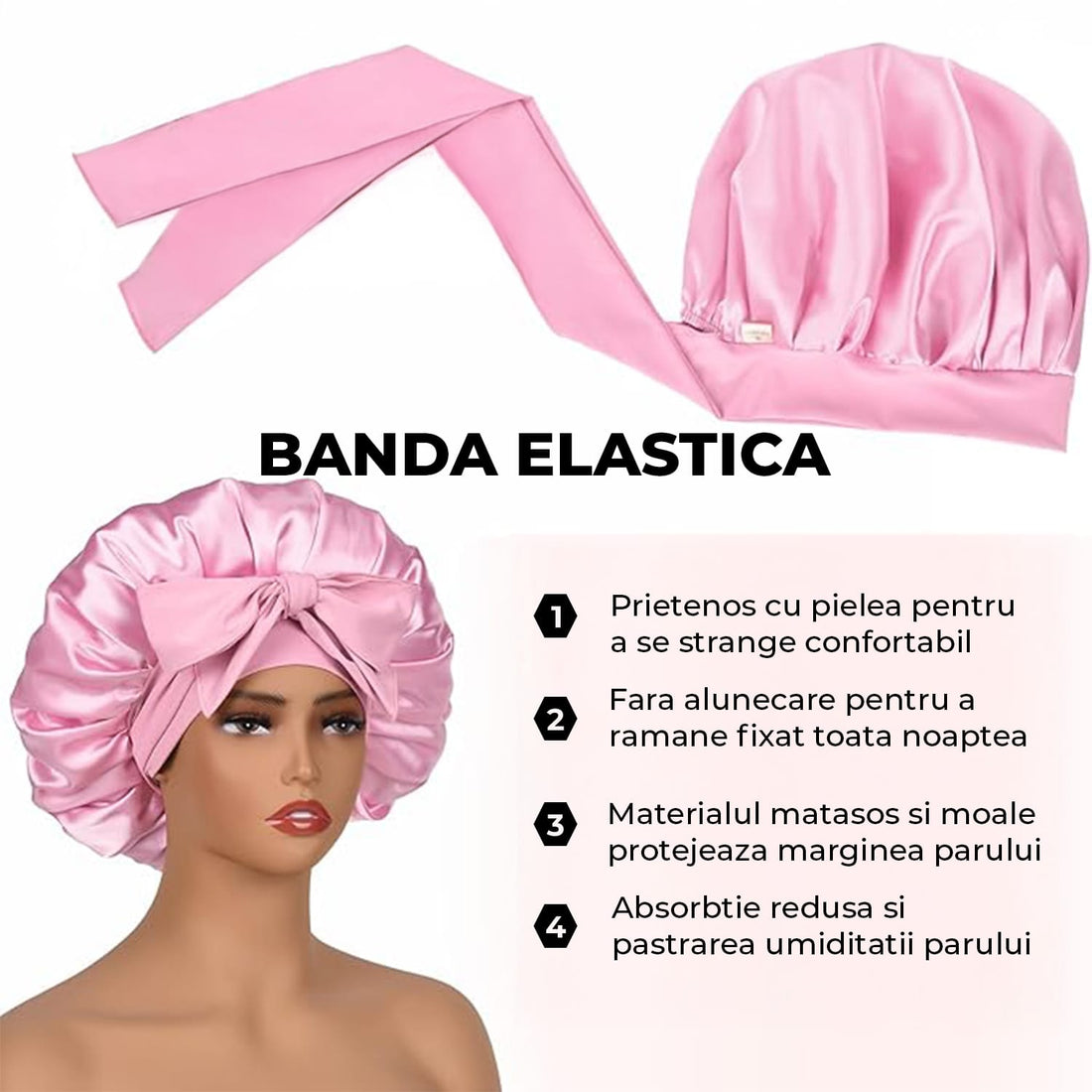 Bonetă din Satin Elindor® cu Bandă Reglabilă pentru Noapte, Roz