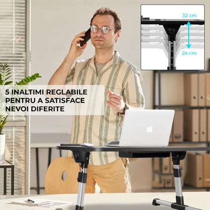 Masa Pliabila pentru Laptop Elindor® Suport Inaltime Reglabila pe 5 Niveluri, Unghi Ajustabil, Antiderapanta, Usor de Depozitat, Birou Portabil cu Sertar de Depozitare si Suport pentru Mouse, Utilizare in Orice Loc, Ideala la Munca sau Mic Dejun la Pat, N