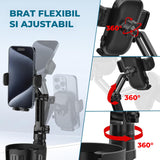 Suport Auto Elindor® 2 in 1pentru Telefon si Pahar, Baza Reglabila si Brat 360°, Prindere in Cupholder, Accesorii Masina, Negru