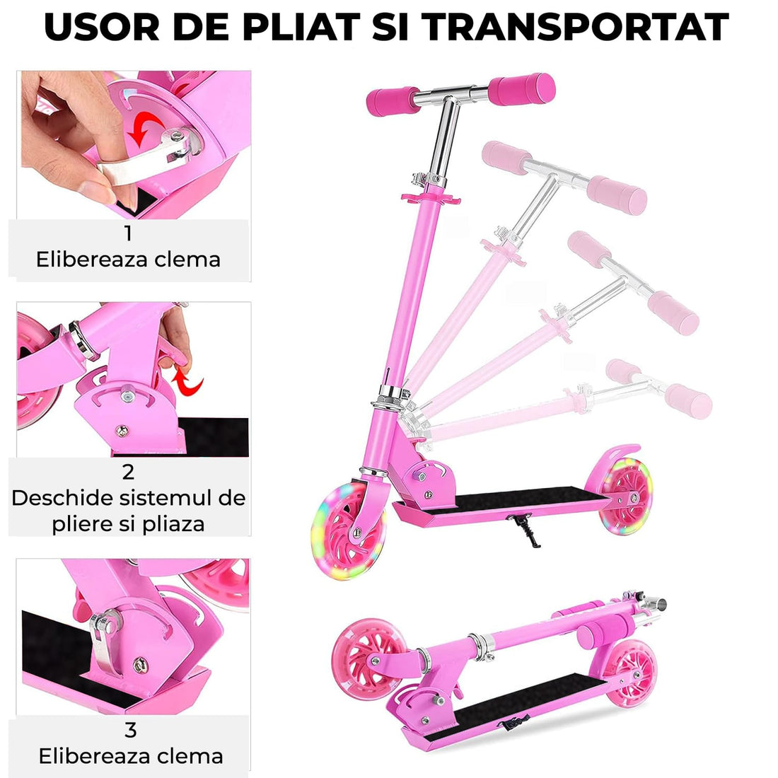 Trotinetă Elindor® Pliabilă cu Ghidon Ajustabil, Roți LED, Roz