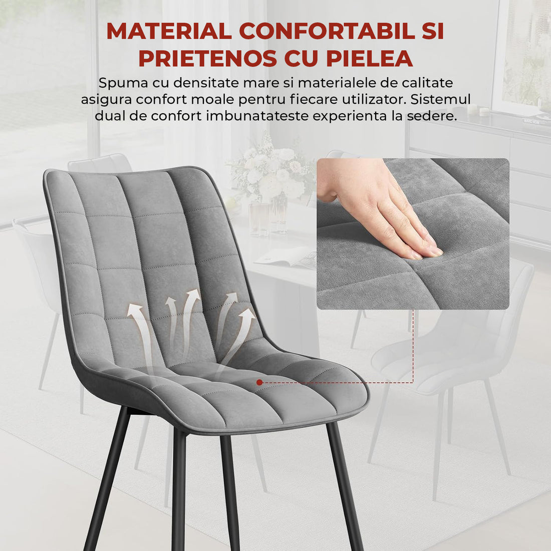 Set 2 Scaune Elindor® Ergonomice, Design Contemporan, Scaun cu Spatar si fara Manere, din Catifea cu Picioare Metalice Negre, Potrivite pentru Living, Bucatarie, Birou, Dormitor, Latime Sezut 46 cm, 85.5 x 45 x 42 cm, Gri Deschis