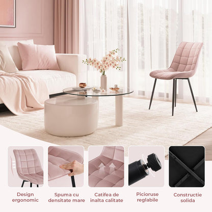 Set 2 Scaune Elindor® Ergonomice, Design Contemporan, Scaun cu Spatar si fara Manere, din Catifea cu Picioare Metalice Negre, Potrivite pentru Living, Bucatarie, Birou, Dormitor, Latime Sezut 46 cm, 85.5 x 45 x 42 cm, Roz
