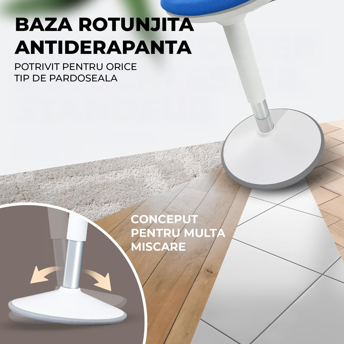 Scaun Ergonomic Elindor® cu Rotatie Libera, fara Spatar si Manere, Design Compact, Tapitat cu Burete Moale, cu Picior Metalic, Potrivite pentru Bucatarie, Birou, Medici, Inaltime Ajustabila 48-63 cm, Albastru