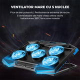 Cooler Laptop Gaming RGB Elindor® Suport cu Unghi Reglabil pe 5 Nivele, Viteza Ajustabila, Dimensiuni Compatabile 15.6-17 Inch, 5 Ventilatoare Puternice si Silentioase 20dB, 2 Porturi USB, pentru Birou, Calatorii, 45.5 x 32 x 3.2 cm, Negru