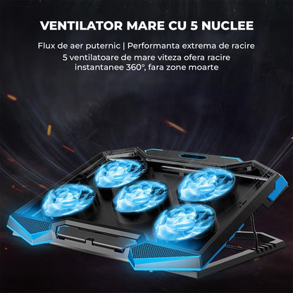 Cooler Laptop Gaming RGB Elindor® Suport cu Unghi Reglabil pe 5 Nivele, Viteza Ajustabila, Dimensiuni Compatabile 15.6-17 Inch, 5 Ventilatoare Puternice si Silentioase 20dB, 2 Porturi USB, pentru Birou, Calatorii, 45.5 x 32 x 3.2 cm, Negru