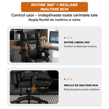 Scaun de Birou Elindor® Ergonomic, Design Contemporan, Scaun cu Spatar si Manere, din Piele PU cu Suport pentru Picioare si Roti, Latime Sezut 58 cm, Inaltime intre 48-56 cm, Negru