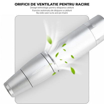 Freza Unghii Electrica Elindor® cu Suport Pila Electrica Reincarcabila, Set Complet de Ingrijire pentru Manichiura si Pedichiura Profesionala, Cuticule sau Calcaie, 45000 RPM, Viteza Reglaj Continuu, 6 Capete Detasabile, 6 Benzi Abrazive, Ecran LCD, Alb