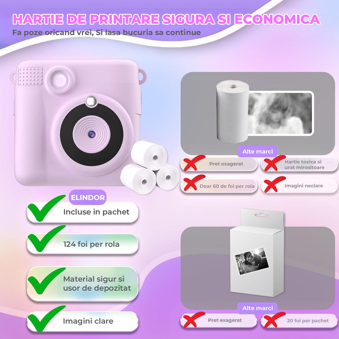 Camera Foto Copii Elindor®, Jucarie cu Ecran LCD, Cadou Educativ pentru Poze, Card Inclus 32GB, Ideal pentru Fete si Baieti, Mov