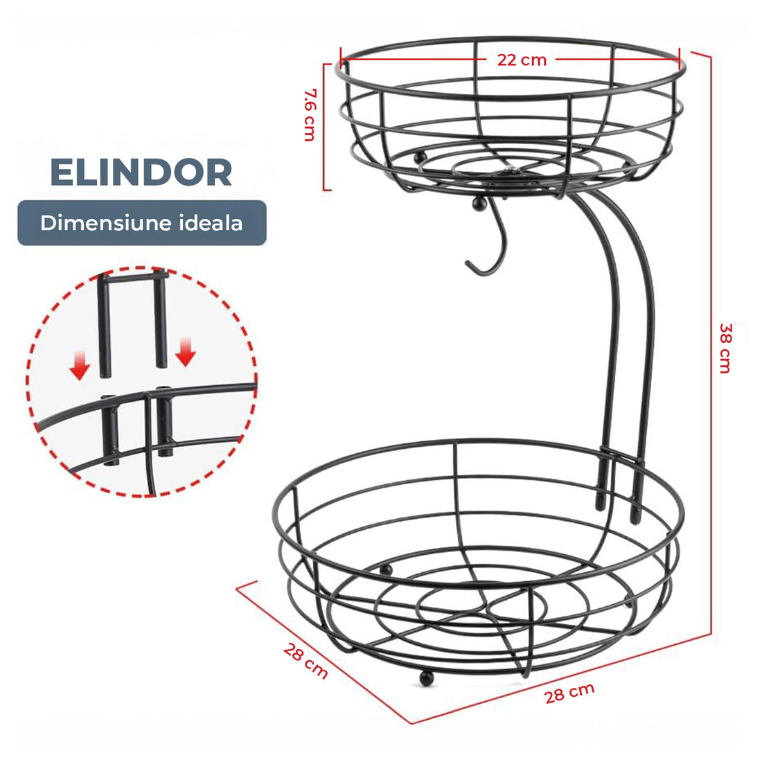 Cos de Fructe si Legume Elindor® Metalic, pe 2 Nivele, cu Carlig pentru Banane, Potrivit pentru Blat sau Masa Bucatarie, Living, Organizator cu Suport Detasabil, Depozitare Universala, 38 x 28 x 22 cm, Negru
