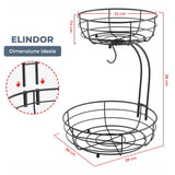 Cos de Fructe si Legume Elindor® Metalic, pe 2 Nivele, cu Carlig pentru Banane, Potrivit pentru Blat sau Masa Bucatarie, Living, Organizator cu Suport Detasabil, Depozitare Universala, 38 x 28 x 22 cm, Negru
