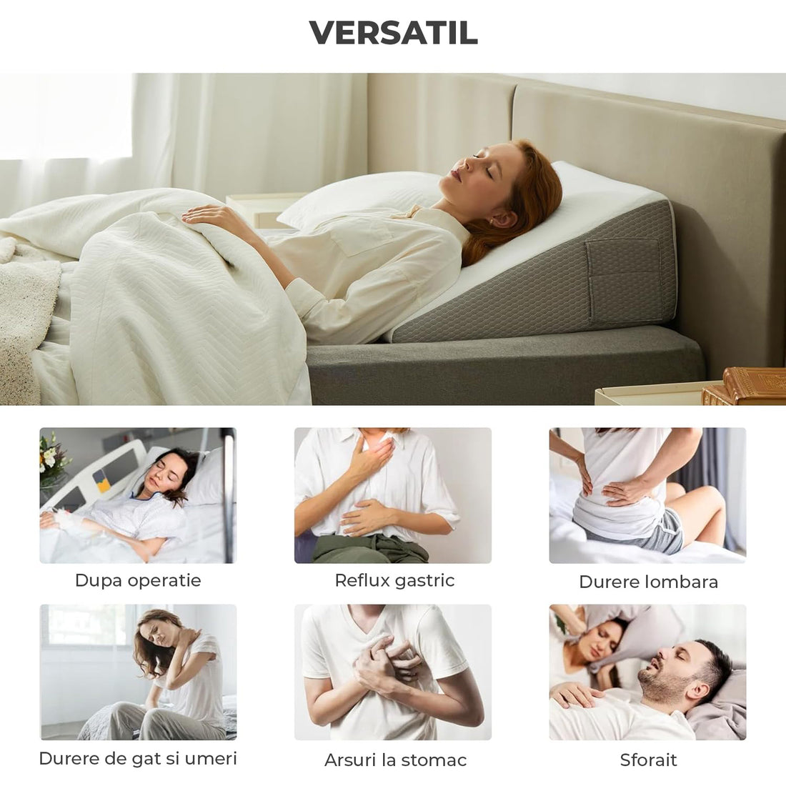 Perna Ortopedica Triunghiulara Elindor® pentru Pat, Perna din Spuma Densa, Suport Spate, Cap, Post-Operator, Anti-Reflux, Antisforait, Antirid, Husa Detasabila cu Fermoar, 61 x 61 x 25 cm, Alb / Gri