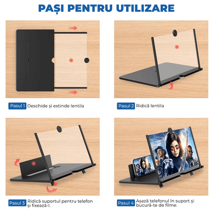 Lupa Pliabila Elindor® pentru Telefon cu Efect 3d si Zoom 4x Marire, Diagonala de 12 inch, suport telefon universal, Negru