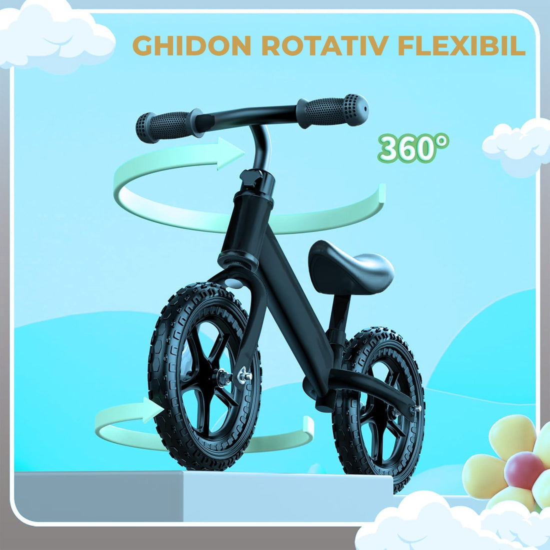 Bicicleta Fara Pedale Elindor®, Scaun Reglabil si Confortabil, Usoara, Negru