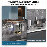 Suport de Perete Elindor® pentru Ustensile de Bucatarie, cu 10 Carlige, Sistem de Prindere prin Agatare, fara Gauri, Depozitare Diversa si Multipla, Suport Metalic, Accesorii Organizare, Economisire Spatiu, Organizator de 26 x 25  x 13 cm, Argintiu