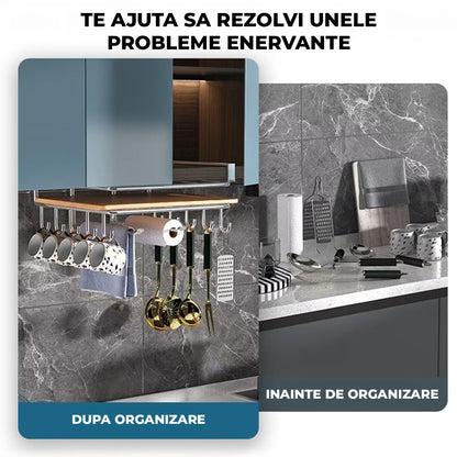 Suport de Perete Elindor® pentru Ustensile de Bucatarie, cu 10 Carlige, Sistem de Prindere prin Agatare, fara Gauri, Depozitare Diversa si Multipla, Suport Metalic, Accesorii Organizare, Economisire Spatiu, Organizator de 26 x 25  x 13 cm, Argintiu