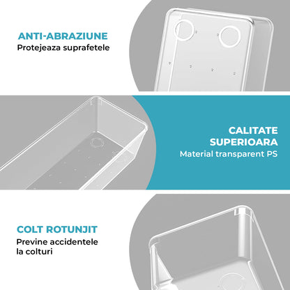Set 12 Cutii Depozitare Elindor® Organizator pentru Bucatarie si Baie, 4 Marimi, Organizatoare Dulap si Sertare, Cutie pentru Sertar, Frigider, Camara, Baie, Bar, Birou, Cos Multifunctional, Separator Fructe, Legume, Creme, Parfumuri, Plastic Acrilic