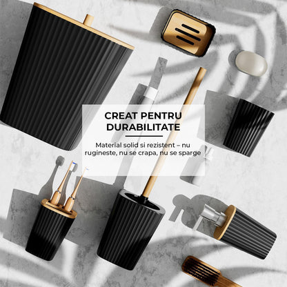 Set 20 Accesorii Baie Elindor® Include Cos de Gunoi, Set Perie WC, Suport Periuta Dinti, Pahar, Dozator Sapun, Sapuniera, Perdea Dus, 12 Carlige, Accesorii pentru Uz Casnic, Comercial, Rulote, Negru