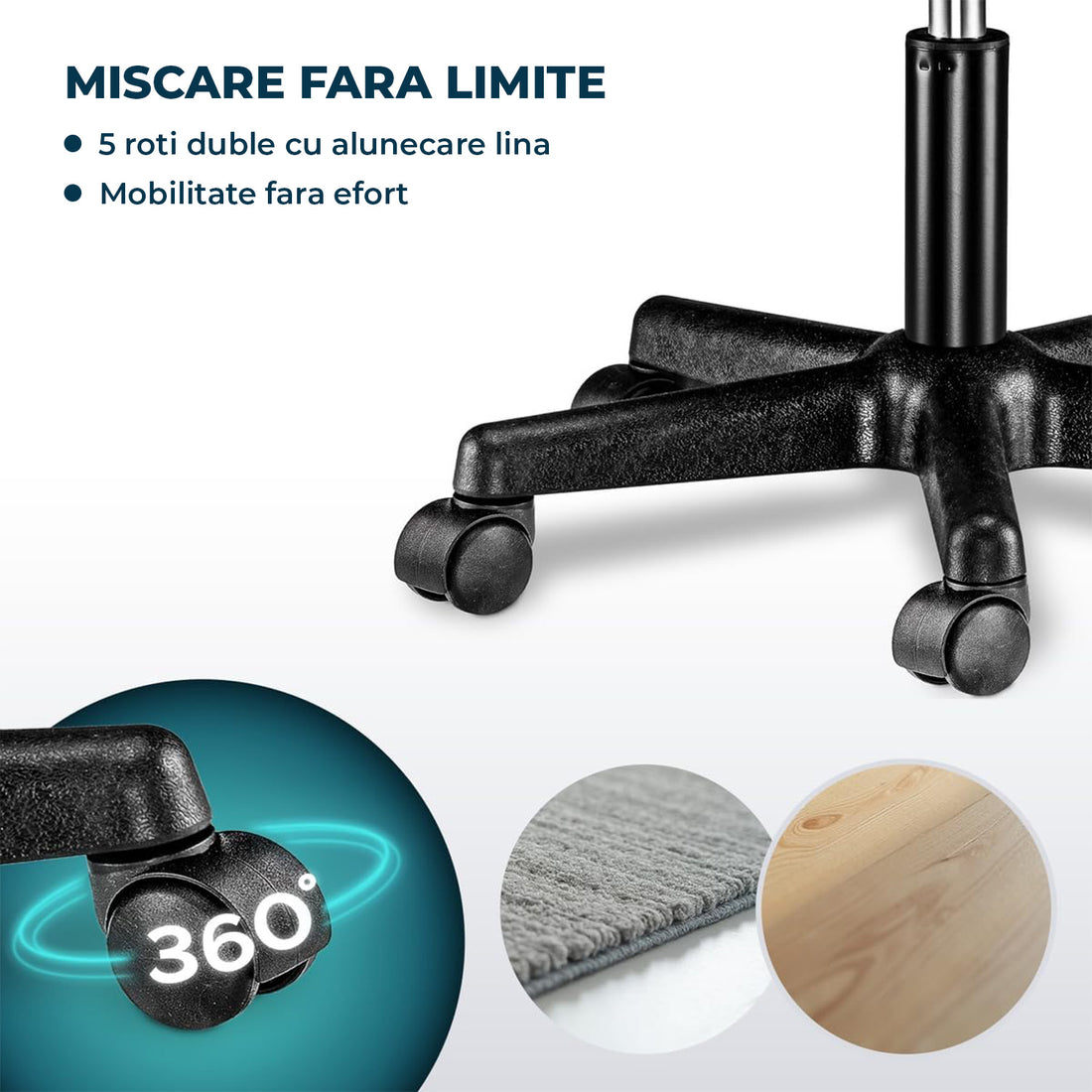 Scaun Rotativ Elindor® cu Roti, Ergonomic, fara Spatar si Manere, Design Compact, Tapitat cu Burete Moale, cu Picior Metalic, Potrivite pentru Living, Bucatarie, Birou, Dormitor, Inaltime Ajustabila, 48 x 48 x 46-60 cm, Negru