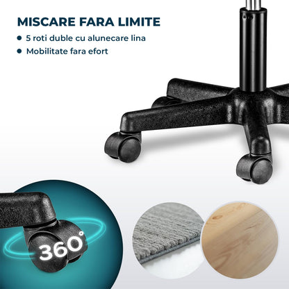 Scaun Rotativ Elindor® cu Roti, Ergonomic, fara Spatar si Manere, Design Compact, Tapitat cu Burete Moale, cu Picior Metalic, Potrivite pentru Living, Bucatarie, Birou, Dormitor, Inaltime Ajustabila, 48 x 48 x 46-60 cm, Negru