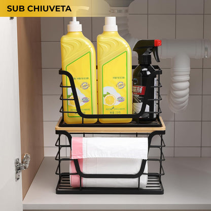 Set 2 Cosuri Depozitare Elindor® cu Capac, Organizator Metalic pentru Bucatarie si Baie, Organizatoare Stivuibile Dulap, Cutii pentru Camara, Baie, Bar, Birou, Cos Multifunctional, Separator Fructe, Legume, Parfumuri, Creme, Bambus