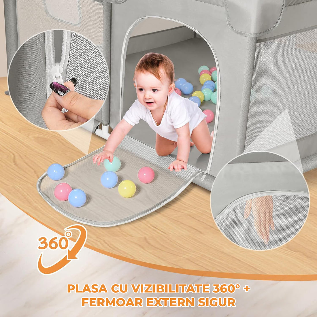 Tarc de Joaca pentru Bebelusi si Copii Elindor® cu Husa Groasa din Spuma, Spatiul Sigur de Joaca, Plasa de Protectie, Include Usa cu Fermoar, Materiale Eco-Friendly și Non-Toxice, Varsta 0-5 ani, 127 x 127 cm, Gri