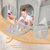 Tarc de Joaca pentru Bebelusi si Copii Elindor® cu Husa Groasa din Spuma, Spatiul Sigur de Joaca, Plasa de Protectie, Include Usa cu Fermoar, Materiale Eco-Friendly și Non-Toxice, Varsta 0-5 ani, 127 x 127 cm, Gri