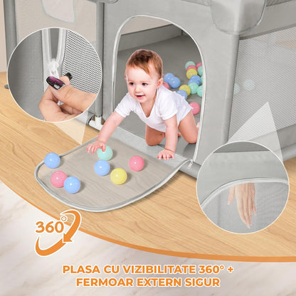 Tarc de Joaca pentru Bebelusi si Copii Elindor® cu Husa Groasa din Spuma, Spatiul Sigur de Joaca, Plasa de Protectie, Include Usa cu Fermoar, Materiale Eco-Friendly și Non-Toxice, Varsta 0-5 ani, 127 x 127 cm, Gri