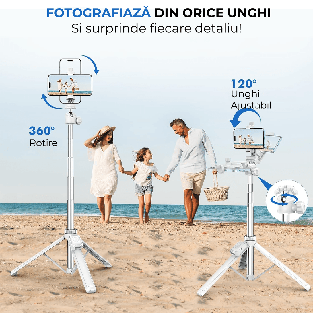 Trepied foto telescopic, universal pentru telefon/cameră/GoPro, Bluetooth, ajustabil, alb