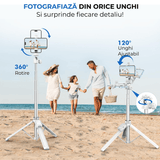 Trepied foto telescopic, universal pentru telefon/cameră/GoPro, Bluetooth, ajustabil, alb